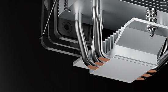 Bottom angle of Pure Rock Slim 3 CPU cooler, highlighting heat pipes