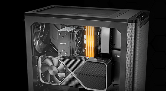 Side window of a PC with the Pure Rock Slim 3 CPU cooler installed along with other hardware to showcase its aesthetic in a full build