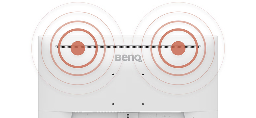 View of the back of the monitor showcasing the speakers with sound waves