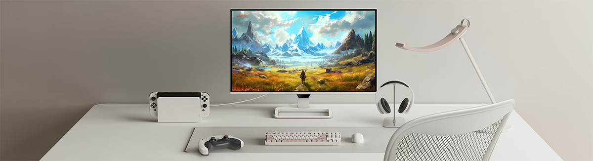Hero Image of BenQ EW270Q Monitor on a cream and white desktop setup next to a keyboard, mouse, and controller