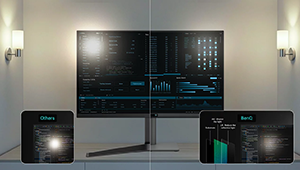 BenQ Programming Monitor on desk, one half of screen with clear nano matte panel and other half glaring.