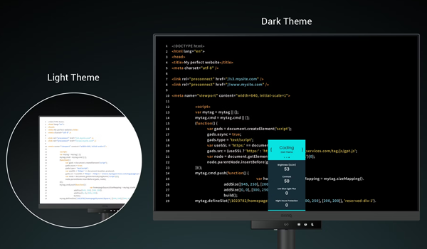 RD280UA monitor with light mode and dark mode themes, highlighting Exclusive Coding modes