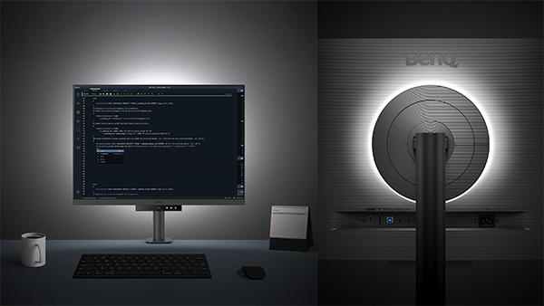 RD280UA monitor in dark room with MoonHalo backlight set to an appropriate colour temperature to compliment the coding on-screen