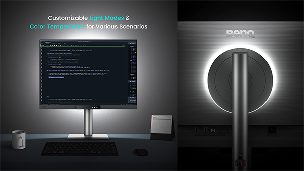 RD280UG monitor in dark room with MoonHalo backlight set to an appropriate colour temperature to compliment the coding software on-screen