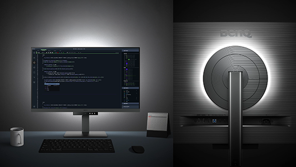 RD320U monitor in dark room with MoonHalo backlight set to an appropriate colour temperature to compliment the coding software on-screen