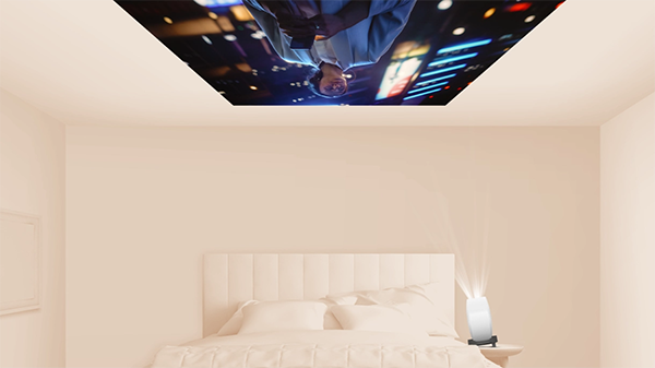 Tilted projector in a bedroom, projecting image on ceiling