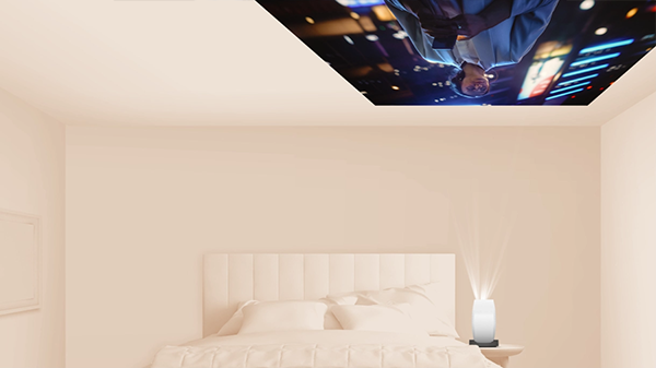 Tilted projector in a bedroom, projecting image on ceiling