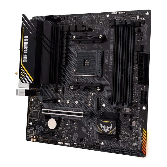 Side angle of ASUS A520M-PLUS WIFI motherboard.