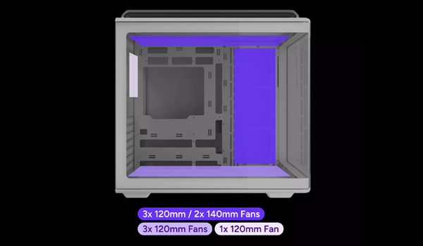 Side angle of Elite 600 case with fan support details underneath.