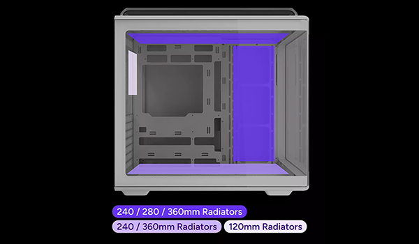 Side angle of Elite 600 case with radiator support details underneath.