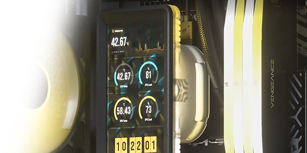 Close-up of the iCUE LINK LCD screen inside a PC beside VENGEANCE RGB memory.