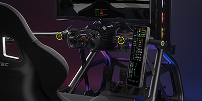 Xeneon Edge LCD display mounted on racing simulator.