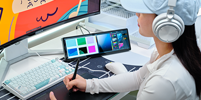 Xeneon Edge LCD display underneath monitor in graphic design scenario..