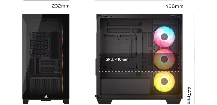 Front and side view of case with dimensions displayed