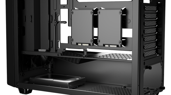 Inside of case showing space for HDD and SSD