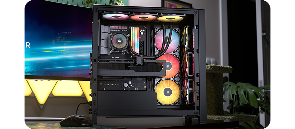Image of the 4000X case on a desktop setup showing off the fans and radiators