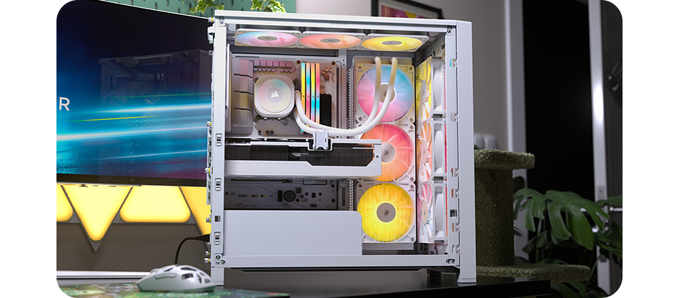Image of the 4000X case on a desktop setup showing off the fans and radiators