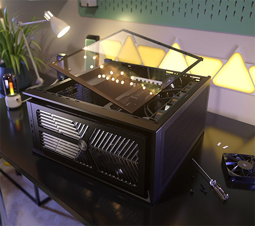 Image of case on a desktop next to fans and screws in a building setting