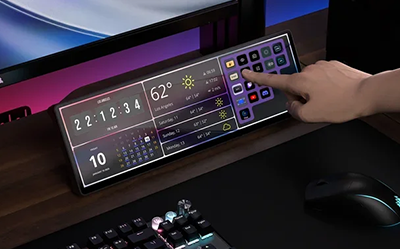 View of person configuring Stream Deck layout on far right of Xenon Edge with weather and time widget visible.