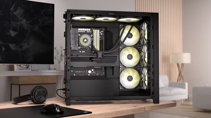Angled shot of case on desk with 12 fans configured