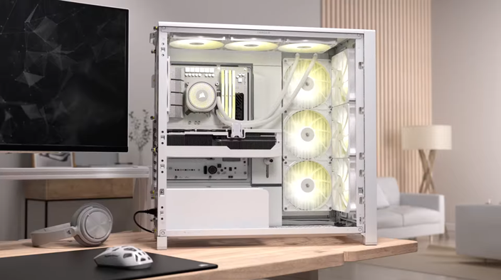 Angled shot of case on desk with 12 fans configured