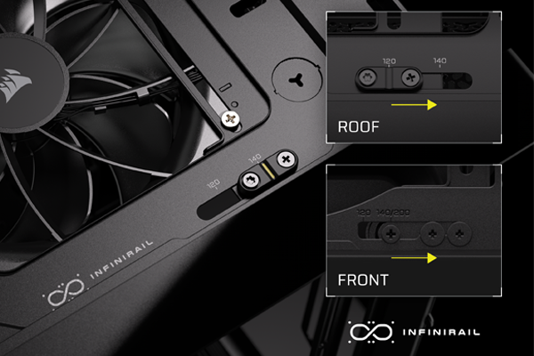 InfiniRail mounting system highlighting the roof and front fan size guides.