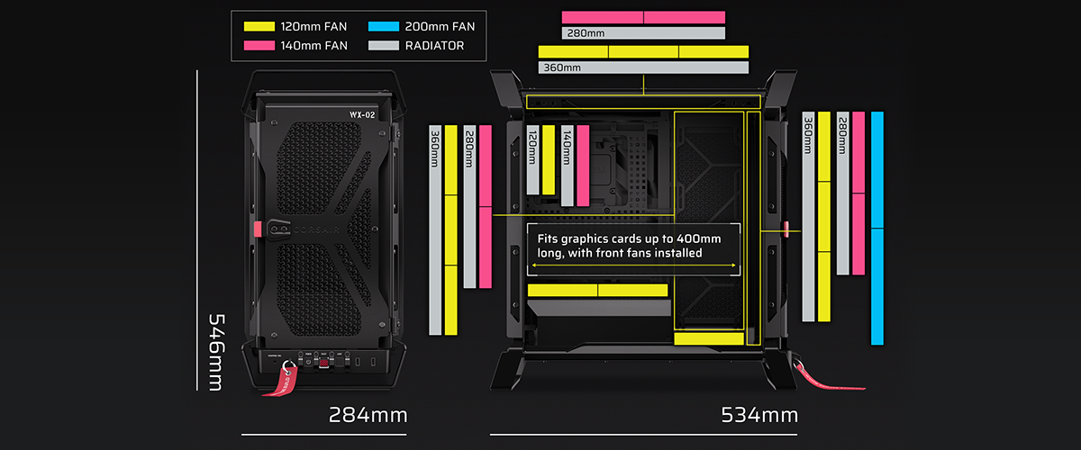 Fan sizes and case dimensions overlaying front and side angle of black WARTHOG case.