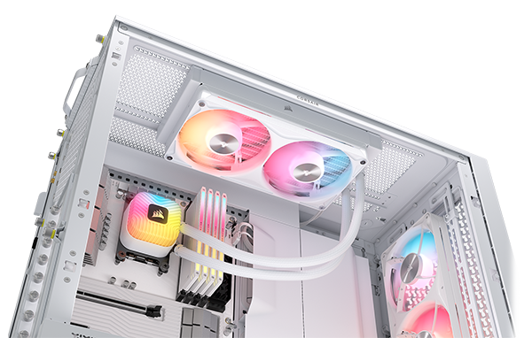 Side open PC case with NAUTILUS AIO installed on the top, other CORSAIR components installed.