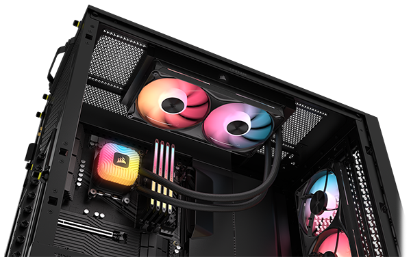 Side open PC case with NAUTILUS AIO installed on the top, other CORSAIR components installed.
