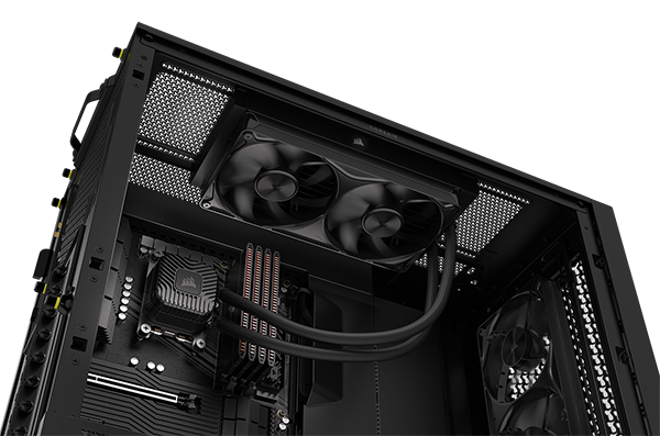 Side open PC case with NAUTILUS AIO installed on the top, other CORSAIR components installed.