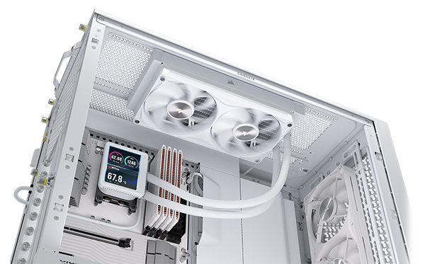 Side open PC case with NAUTILUS AIO installed on the top, other CORSAIR components installed.