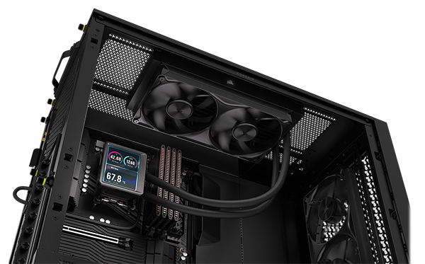 Side open PC case with NAUTILUS AIO installed on the top, other CORSAIR components installed.