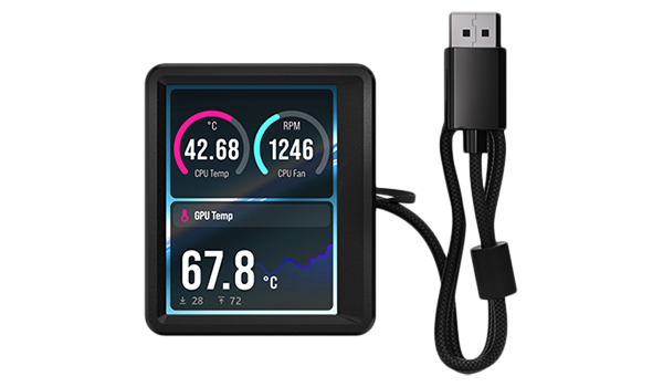 LCD display showing temperatures, CPU Fan RPM.