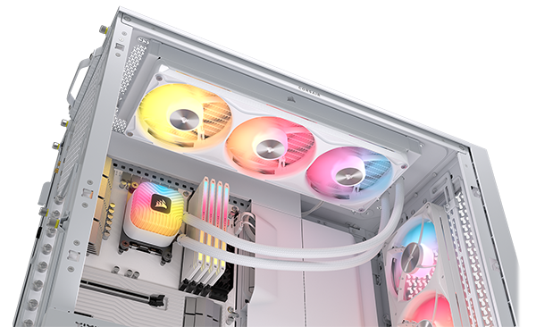 Side open PC case with NAUTILUS AIO installed on the top, other CORSAIR components installed.