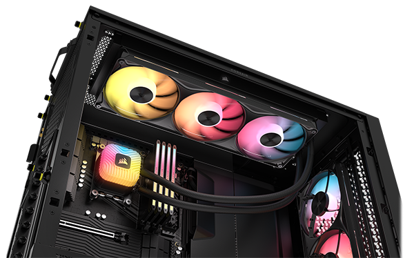 Side open PC case with NAUTILUS AIO installed on the top, other CORSAIR components installed.