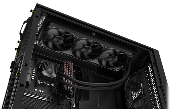 Side open PC case with NAUTILUS AIO installed on the top, other CORSAIR components installed.