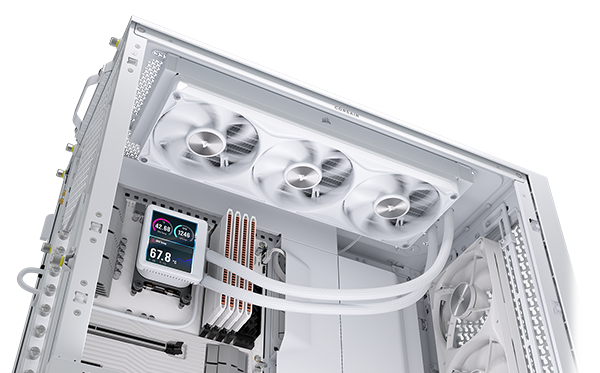Side open PC case with NAUTILUS AIO installed on the top, other CORSAIR components installed.