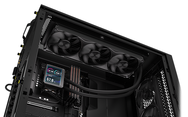 Side open PC case with NAUTILUS AIO installed on the top, other CORSAIR components installed.