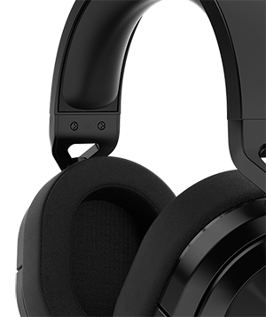 Three-quarters shot of the HS55 WIRELESS gaming headset to show memory foam ear pads.