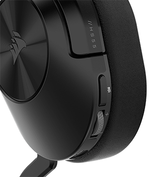 Close-up shot of the HS55 WIRELESS gaming headset to show on-ear volume controls.