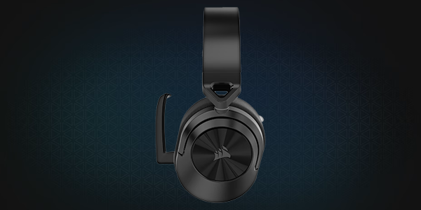 Side profile view of HS55 SURROUND wired gaming headset with interactive button demonstrating flip-to-mute microphone.