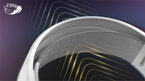 Cushioned headband with 230g feather annotation