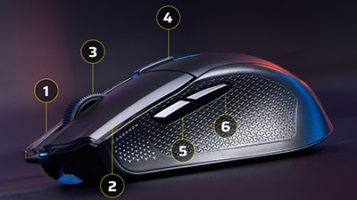 Left side of HARPOON v2 mouse with number bulleted lines over each button.