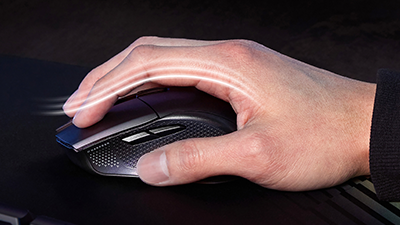 Hand on mouse with curved line following the fingers.