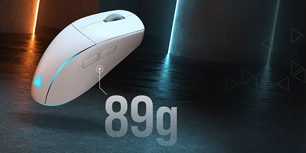 89g M75 Wireless mouse angled to the right with orange and blue neon edged concrete walls in the background.