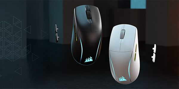 2x M75 wireless mice highlighting swappable magnetic side buttons on each side.