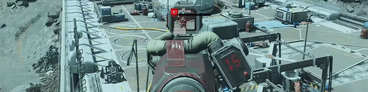 First person shooter, aiming through a scope at enemy.