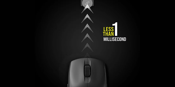 Less than 1 millisecond text next to M75 Wireless mouse with arrows pointing to the reciever.