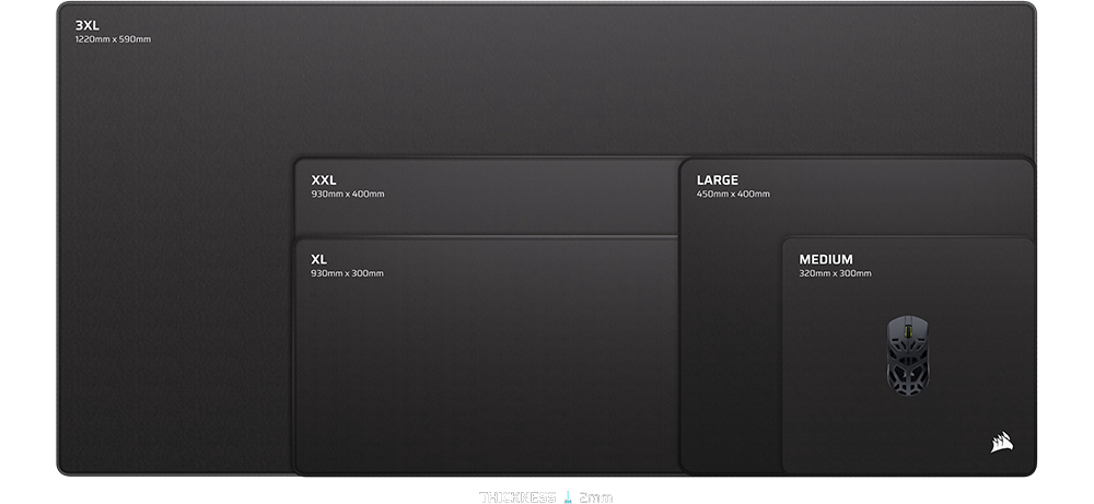 Size Comparison Image of all CORSAIR MM Anti-Fray Mousemats