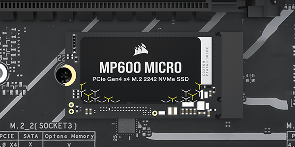 Top down of MP600 MICRO SSD installed on motherboard.